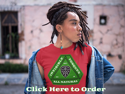 Black woman wearing a red Invisible Tongues All Natural T-Shirt
